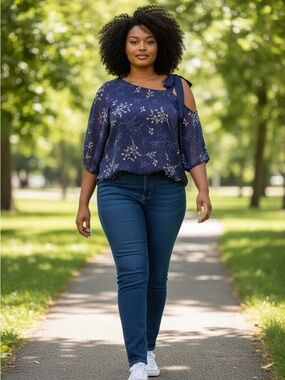 Reitmans Cold Shoulder Violet Navy Blue Asymmetrical  Hem 3/4 Sleeve Blouse